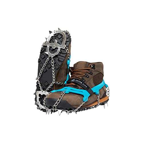 Yatta Life Mount Tracks + Ice Grips attached to hiking boot with stainless steel spikes for enhanced traction on ice and snow.