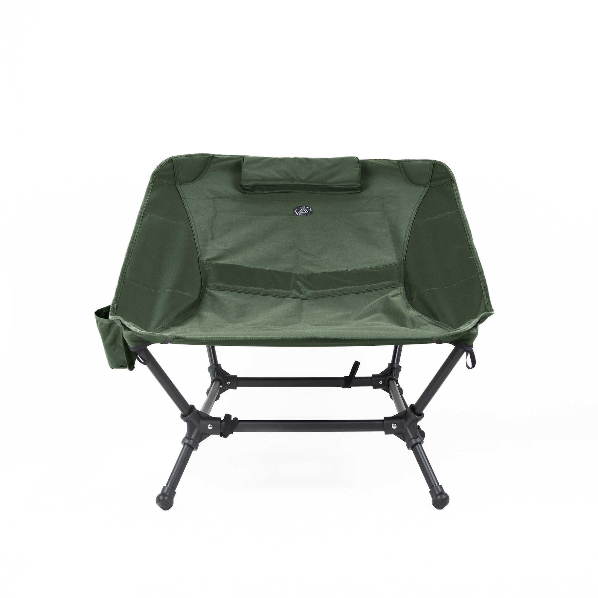 Lightweight army green camping lounge chair with durable aluminum frame and side pocket, perfect for outdoor adventures.