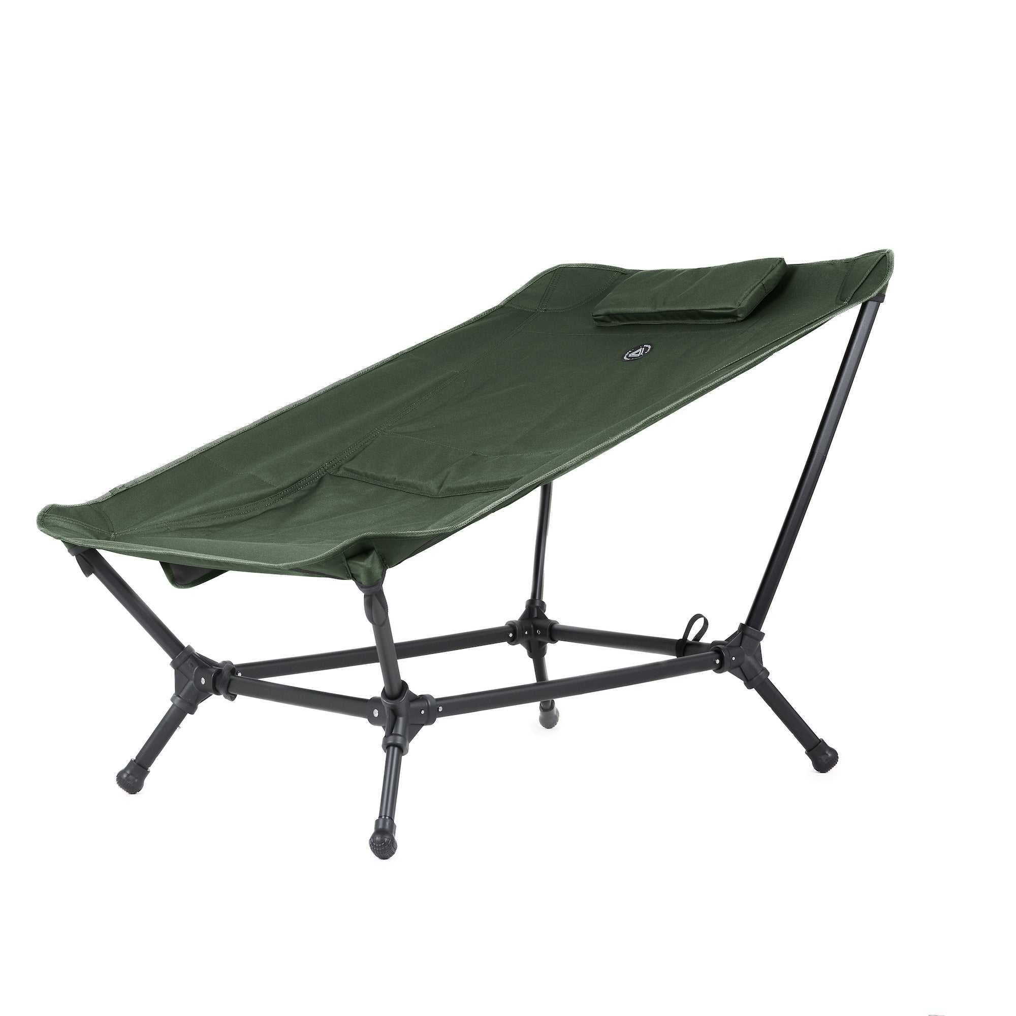 Lightweight and durable camping lounge chair in army green, featuring a foldable design, ergonomic comfort, and a side pocket. Ideal for outdoor adventures.