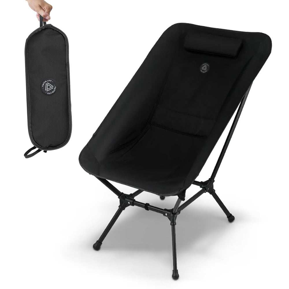Lightweight camping lounge chair with cushion, ergonomic design, and side pocket; compact and portable for outdoor adventures.