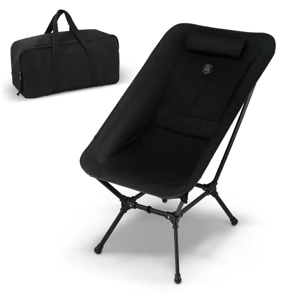 Lightweight black camping lounge chair with a cushion and carrying bag, durable and portable for outdoor adventures.