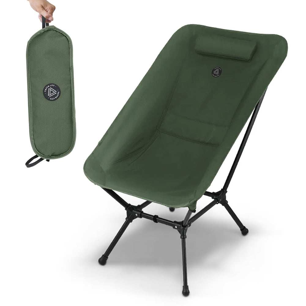Portable camping lounge chair in army green with carrying case, lightweight and foldable, perfect for outdoor adventures.
