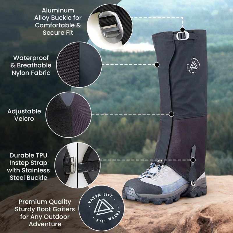 Premium Cordura boot gaiters with waterproof nylon fabric, adjustable Velcro, and durable TPU instep strap for outdoor adventures.