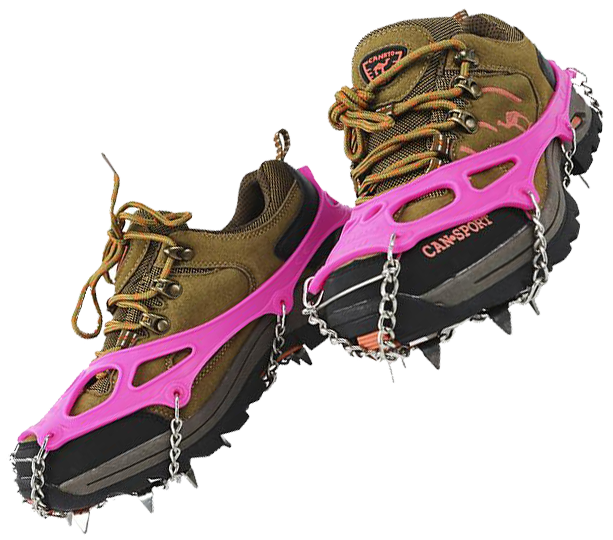Yatta Life ice spikes in pink on hiking shoes, raised view showing spikes underneath