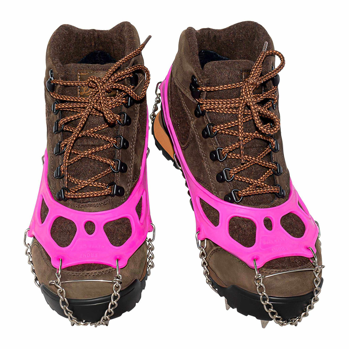 Yatta Life ice spikes in pink on a pair of brown hiking boots, front view