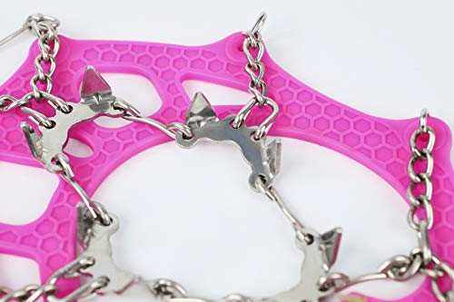 Yatta Life ice spikes close-up of steel spike plates and chains on pink rubber harness
