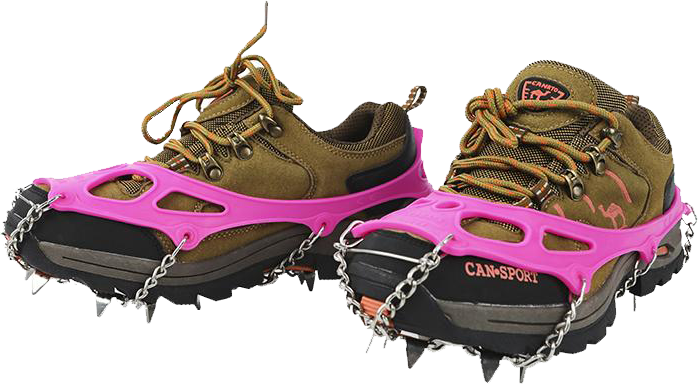 Yatta Life ice spikes in pink stretched over tan hiking shoes with steel chains